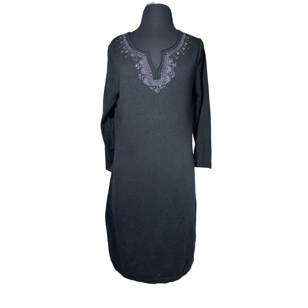 Tommy Bahama Black Pickford Embellished Split Neck Sweater Dress 3/4 Sleeve Sz S - Picture 2 of 14